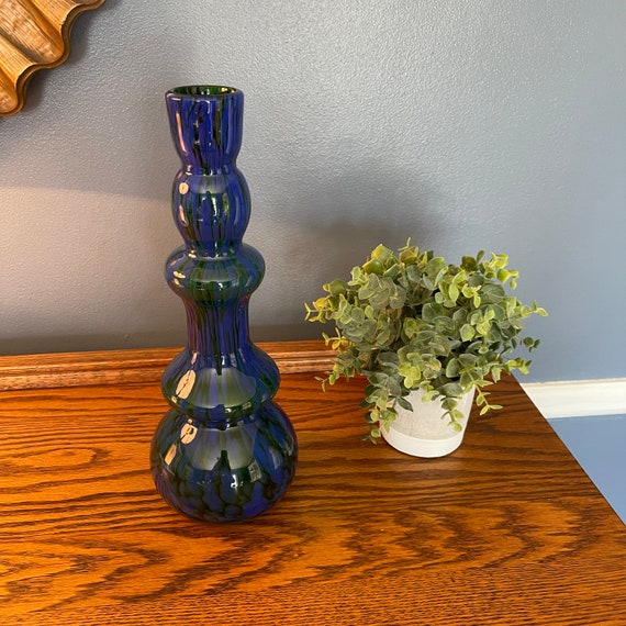 Mid Century Flower Vase - Blue and Green Hand Blo… - image 1