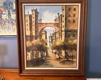 29.5 x 25 Inch Oil on Canvas in Wood Frame - Vintage Wall Art - Signed by the Artist - French Street Scene