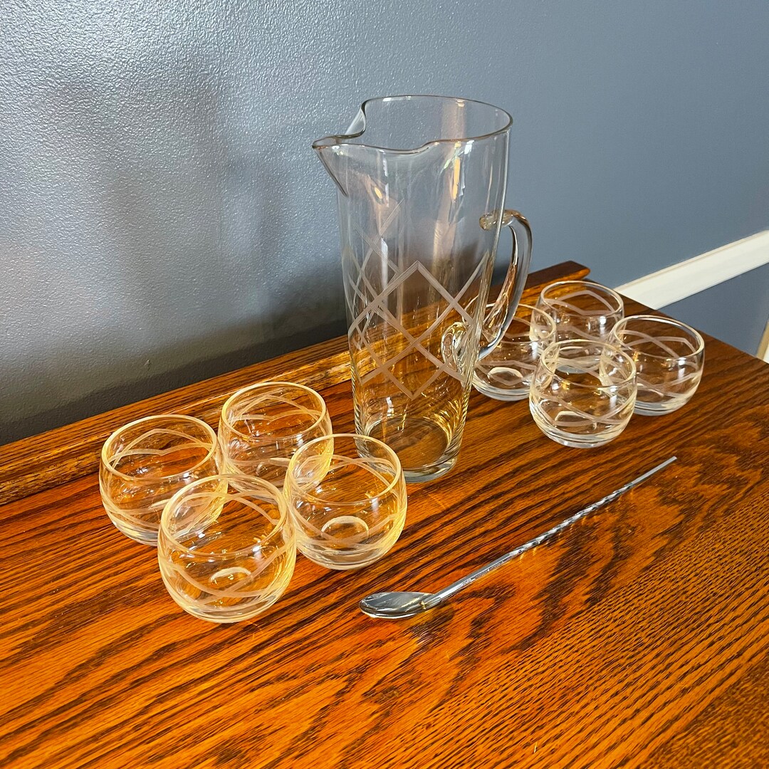 Mid Century Bar Set Pitcher With Stir Stick Roly Poly Glasses Etched
