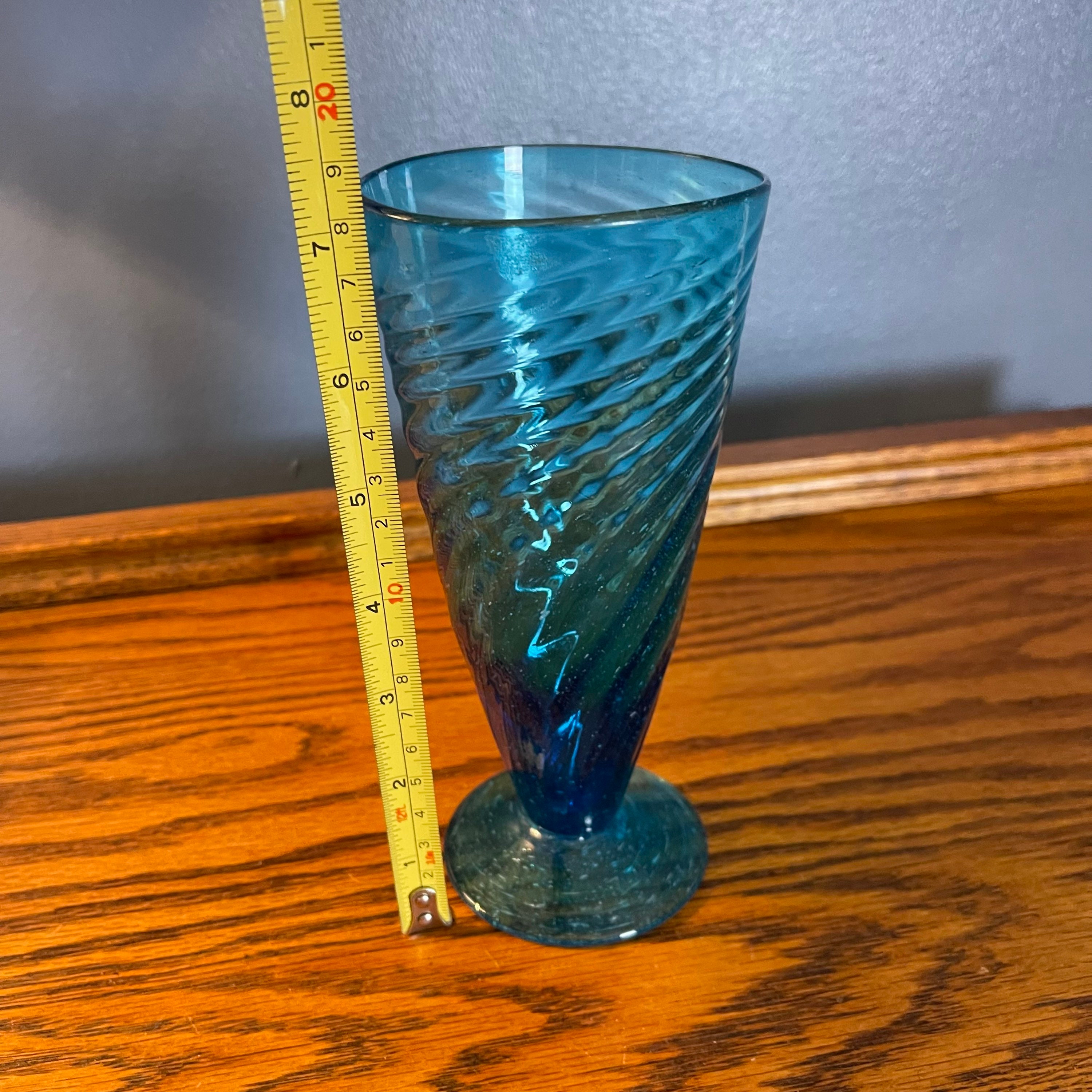 Hand Blown Swirl Glass Vase Pedestal Vase Teal Blue Vase Etsy
