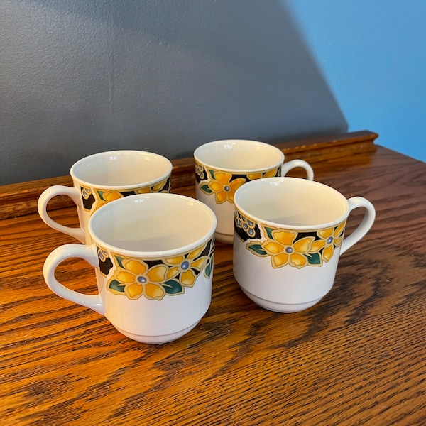 Corning Coffee Mugs - Set of Four - Yellow Floral Design