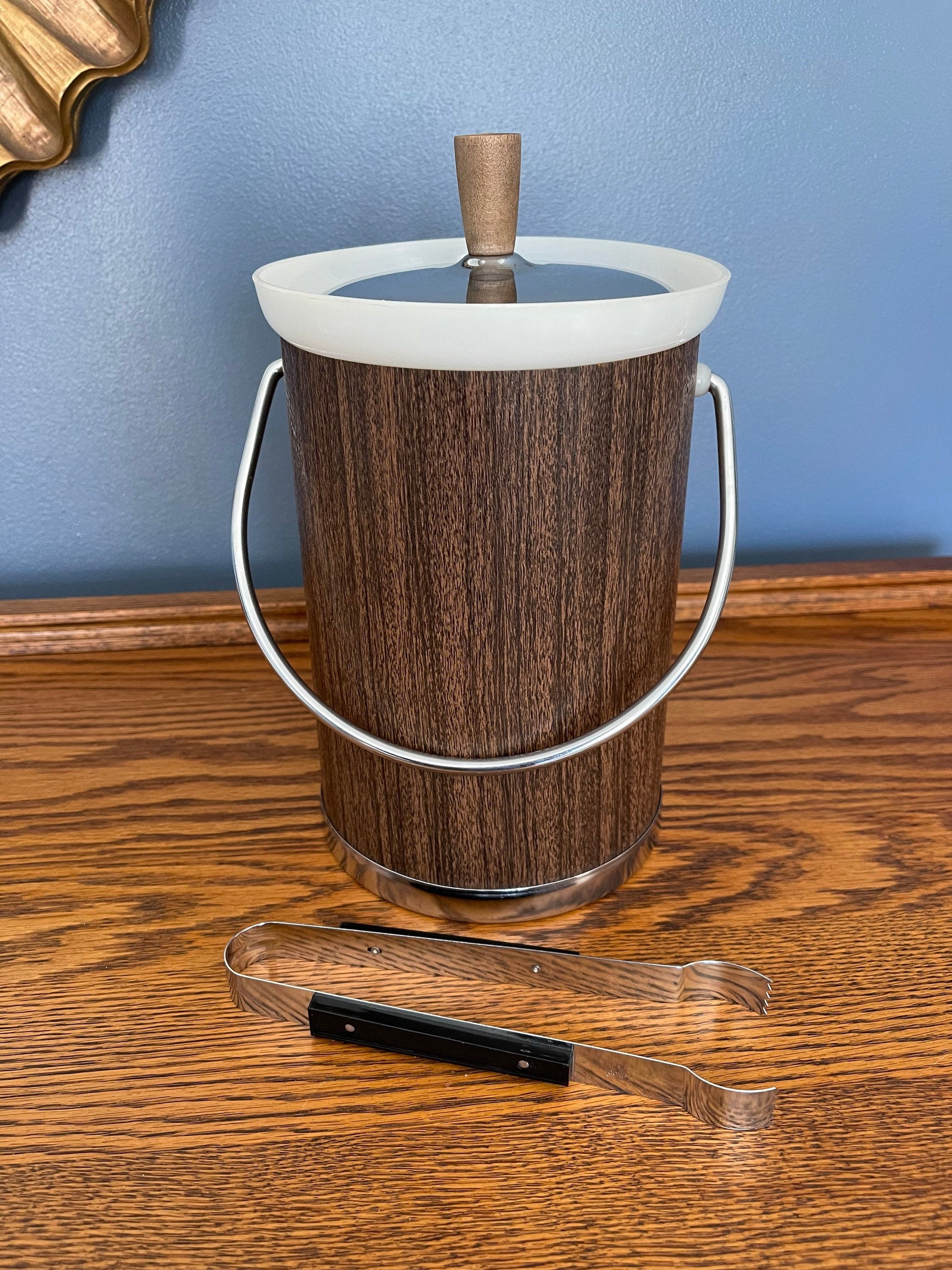Vintage Wood Look Ice Bucket with Tongs Mid Century Ice Bucket Etsy
