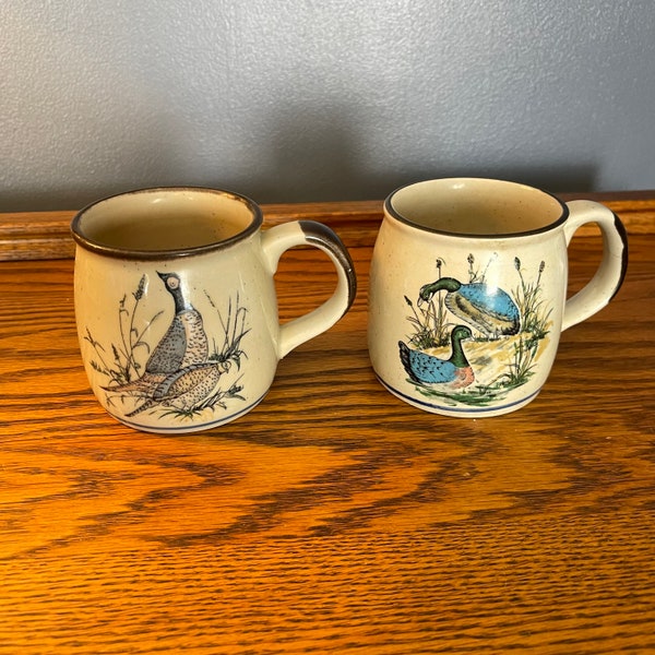 Brown Speckled Mugs - Bird Mugs - Hunter Mugs - Brown Edges - Hand Painted - Unmarked- Quail and Ducks