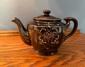Brown Betty Teapot Japan Redware Hand Painted Raised Enamel Floral Design Gold Trim