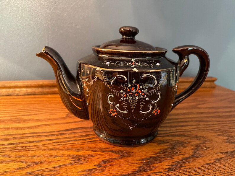 Brown Betty Teapot Japan Redware Hand Painted Raised Enamel Etsy