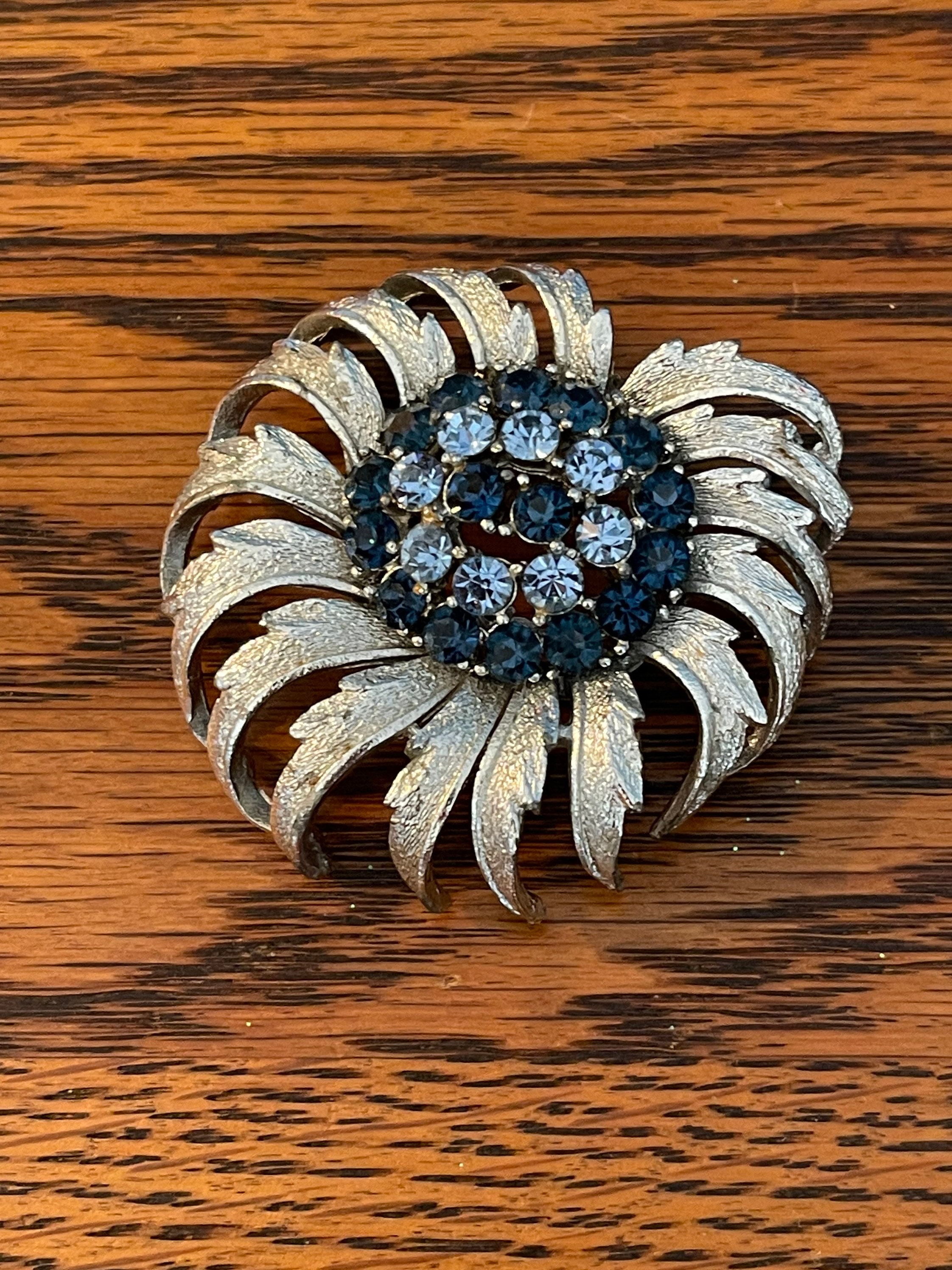 Blue and Green Rhinestone Brooch - Coro Vintage 1960s 2 1/4