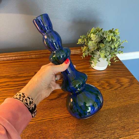 Mid Century Flower Vase - Blue and Green Hand Blo… - image 2