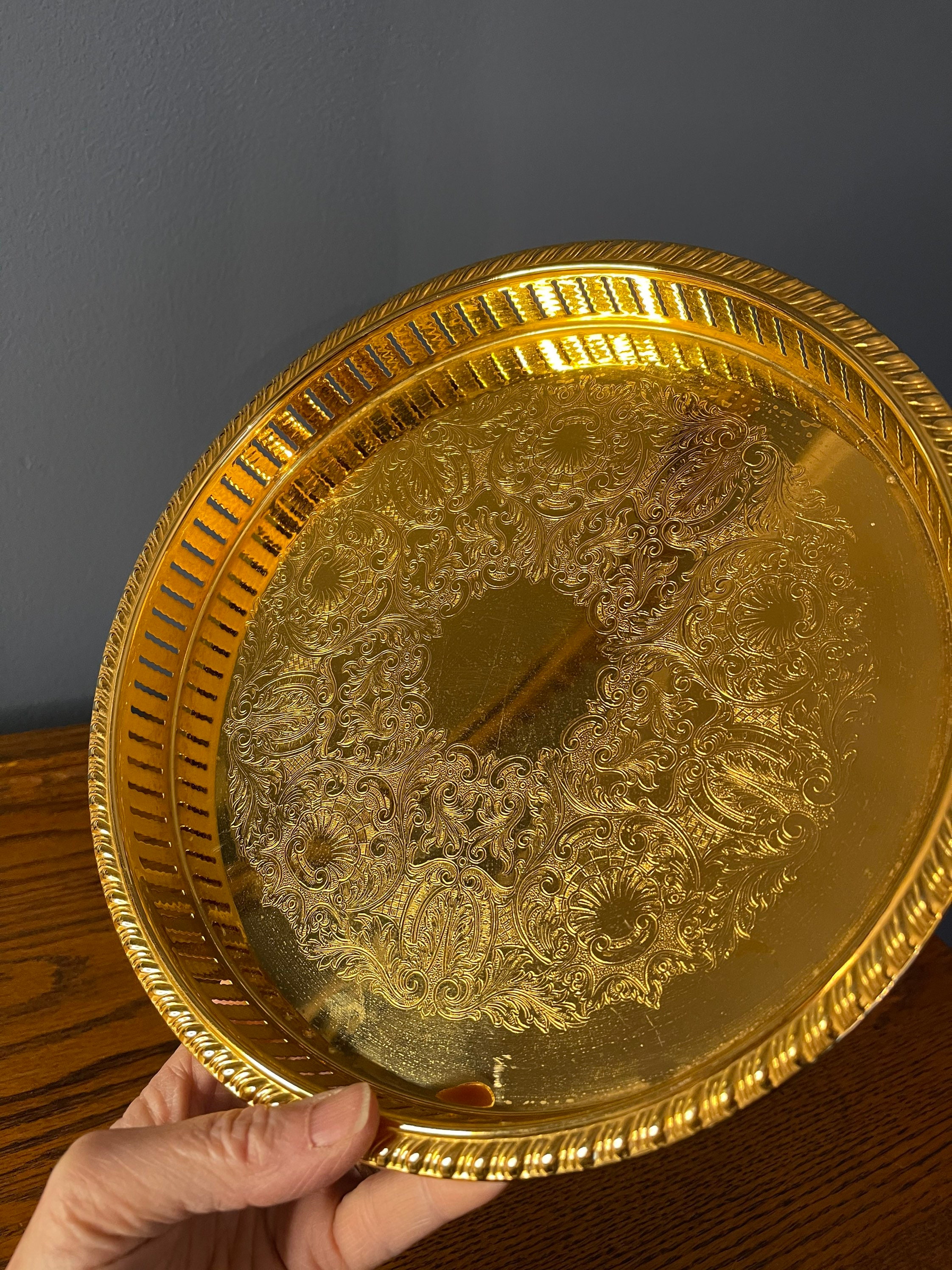 Vintage Round Gold Tray Ornate Etched Tray 10 round Etsy