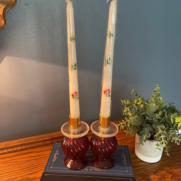 Avon Red Candlestick Perfume Bottles with Avon Christmas Stencil Taper Candles - Christmas Candle Holders and Candles