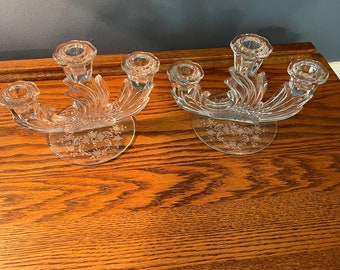 Pair of Two Glass Candelabras with Etched Base - Three Candle Holder - Clear Glass Vintage Candelabras - Mid Century Candle Holders