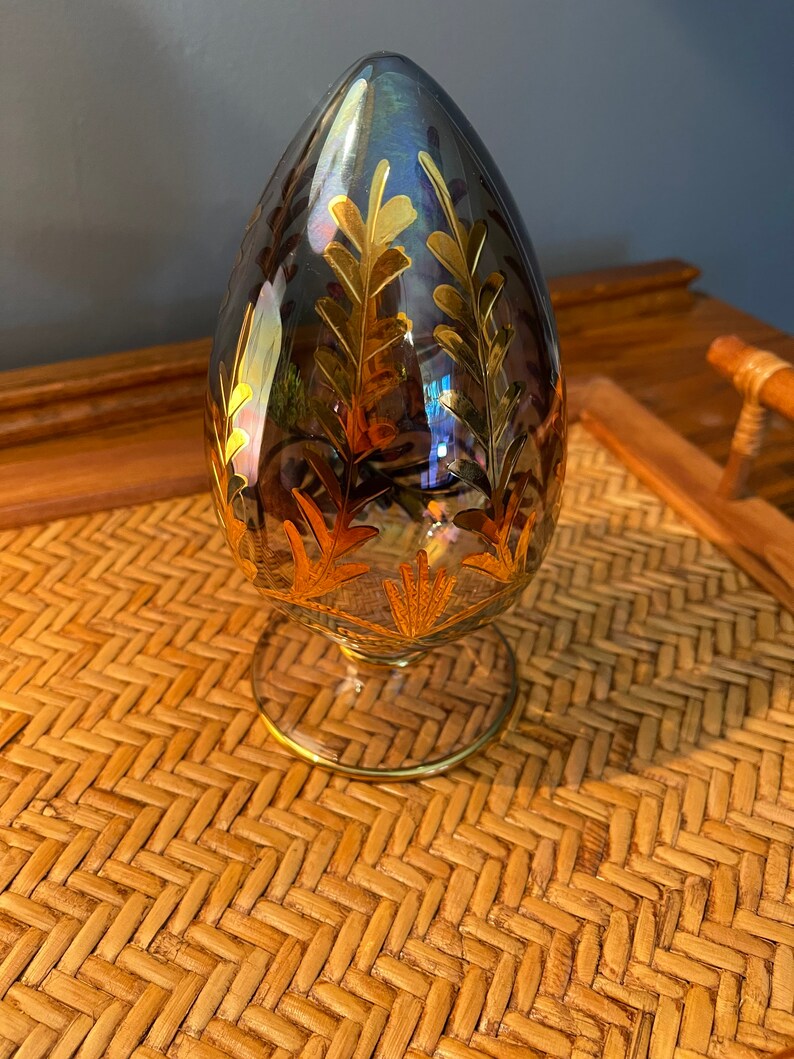 Hand Blown Glass Egg Blue and Gold Glass Art Art & Collectibles Glass