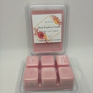 May include: Six pink soy wax melts in a clear plastic clamshell container. The label on the top melt reads "soy wax tart Black Raspberry Vanilla Ingredients: soy wax, fragrance Net Wt. 2.5 oz www.etsy.com/shop/sweetwatercraftico"