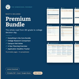 May include: A digital homeschool roadmap premium bundle featuring 19 printable pages and 8 spreadsheets. The dark blue graphic displays text including The Homeschool Roadmap, Premium Bundle, and a list of included planning tools and trackers.