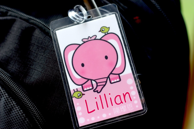 2 Bag Tags ELEPHANT LilyLollipopDesign-3 languages available-for Backpacks,Lunch Boxes,Diaper Bags or Luggage