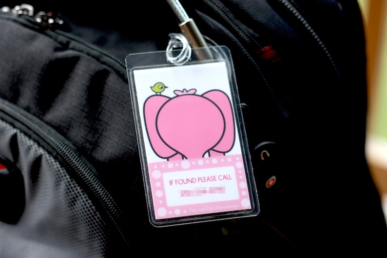 2 Bag Tags ELEPHANT LilyLollipopDesign-3 languages available-for Backpacks,Lunch Boxes,Diaper Bags or Luggage