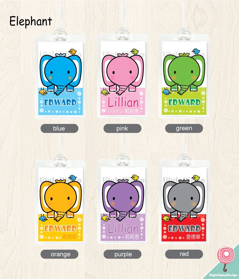 2 Bag Tags ELEPHANT LilyLollipopDesign-3 languages available-for Backpacks,Lunch Boxes,Diaper Bags or Luggage