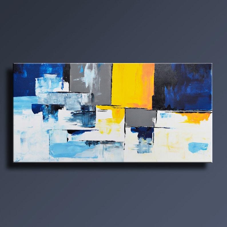 Peinture Abstraite Bleu Jaune Gris Blanc Peinture Original Etsy