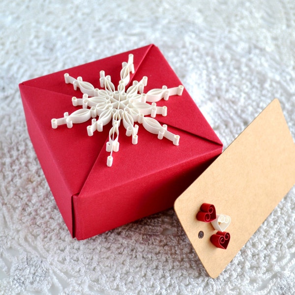 Christmas Gift Wrap with Gift Tag, Gift for her, Red Gift Box with Quilling Ornament, Jewelry Gift Box, Home Decor, Keepsake Box,Trinket Box