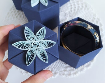 Origami Box with Flower Paper Quilling Ornament - Gift box for her - blue gift box empty - Set of four