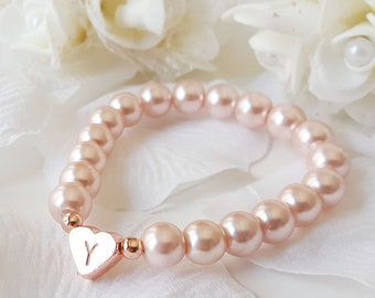 Blush pink flower girl bracelet, personalized gift, heart bracelet, pearl bracelet, rose gold flower girl jewelry, bridesmaid gift