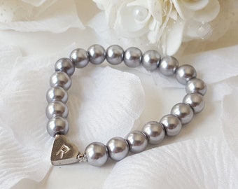 Gray pearl bracelet, bridesmaid gift, personalized gift, heart bracelet, pearl bracelet, bridesmaid silver heart jewelry, flower girl gift