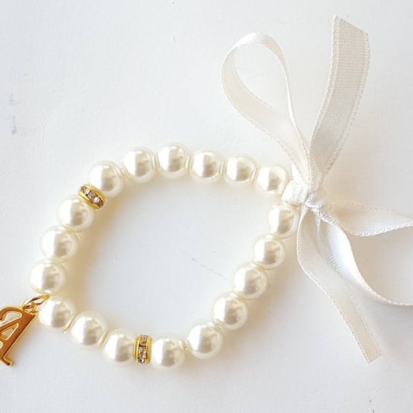 Ivory flower girl bracelet, personalized flower girl gift, flower girl bracelet, gold bracelet, wedding jewelry, junior bridesmaid gift