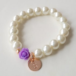 Personalized Flower Girl Bracelet, Rose Gold Initial, Lavender Rose Pearl