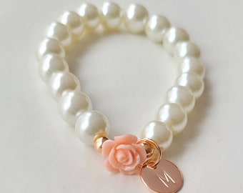 Light coral flower bracelet, flower girl gift, personalized flower girl bracelet, initial bracelet, rose gold jewelry, pearl bracelet