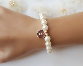 Personalized wedding gift, rose gold jewelry, ivory pearl bracelet, personalized flower girl bracelet, bridesmaid gift, bridal shower gift