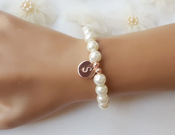 Personalized Pearl Bracelet, Rose Gold Initial, Flower Girl Jewelry