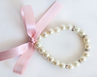Flower Girl Pearl Bracelet, Blush Pink Ribbon, Crystal Rondelles