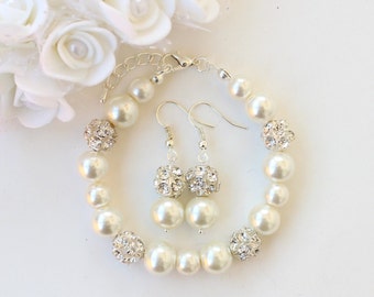 Bridesmaid bracelet earrings, pearl jewelry, wedding gift, bridesmaid gift, ivory pearl bracelet, bridal shower gift, pearl jewelry set