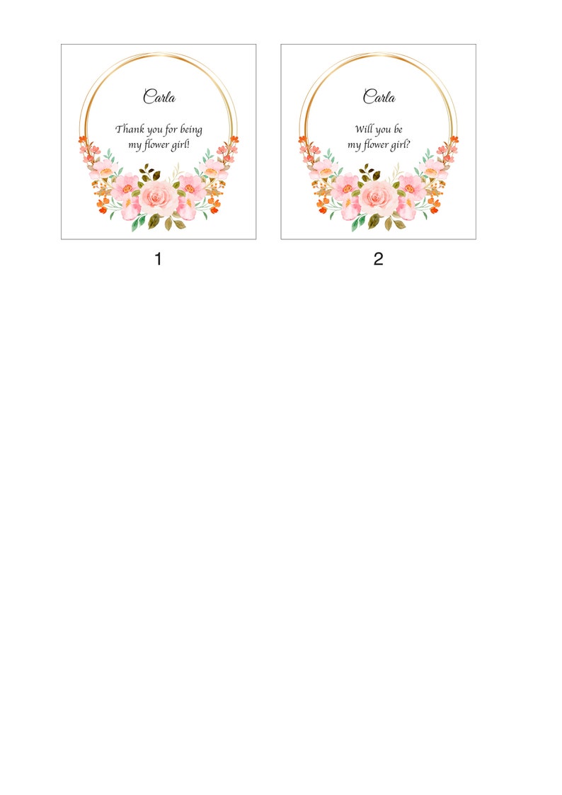 K&ouml;nnte beinhalten: Zwei Karten mit Blumenmotiven und goldenen Rahmen. Die erste Karte sagt "Carla Danke, dass du meine Blumenm&auml;dchen bist!" Die zweite Karte sagt "Carla Willst du mein Blumenm&auml;dchen sein?"