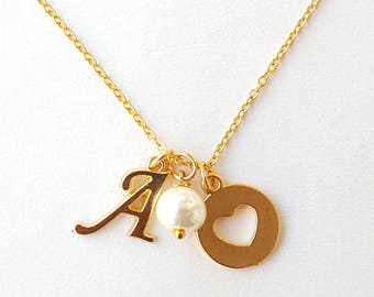 Personalized Flower Girl Necklace, Gold Initial, Pearl Heart Jewelry