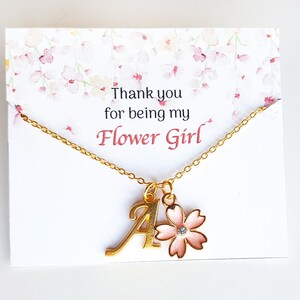 Kirschblüte, personalisierte blumenmädchengeschenk, Sakura Kette, Hochzeitsschmuck, rosa Blume, Brautjungfer Halskette, Dankeschön-Karte