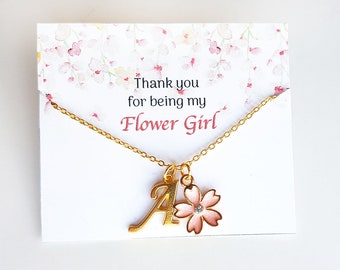 Cherry blossom necklace, personalized flower girl gift, sakura necklace, wedding jewelry, pink flower, bridesmaid necklace, thank you card