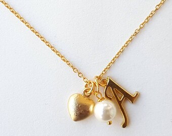 Personalized Flower Girl Necklace, Gold Initial, Pearl & Heart Charm