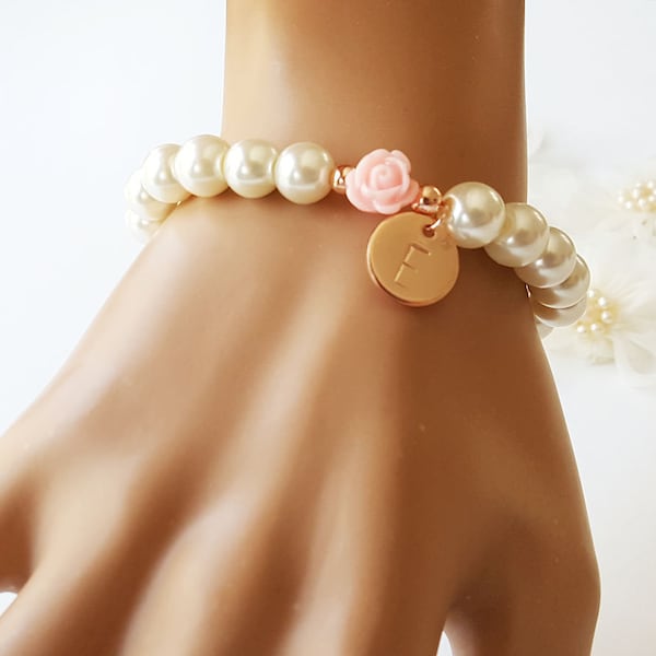 Flower girl bracelet, pink flower bracelet, personalized flower girl gift, pearl bracelet, rose gold flower girl jewelry, jr bridesmaid gift