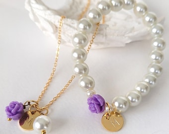 Personalized Flower Girl Jewelry Set, Purple Rose Pearl Necklace & Bracelet