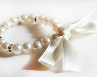 Ivory flower girl bracelet, flower girl gift, wedding gift, wedding jewelry, crystal rondelles, junior bridesmaid gift, ribbon bracelet