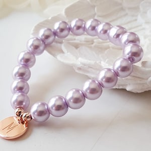 Personalized Lavender Pearl Bracelet, Rose Gold Initial, Flower Girl Gift