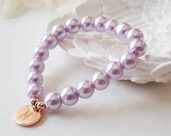 Flower girl lavender bracelet, personalized gift, lavender wedding, pearl bracelet, rose gold flower girl jewelry, bridesmaid gift