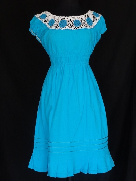 1970s Dress / Bright Blue Boho Hippie Crochet Sund