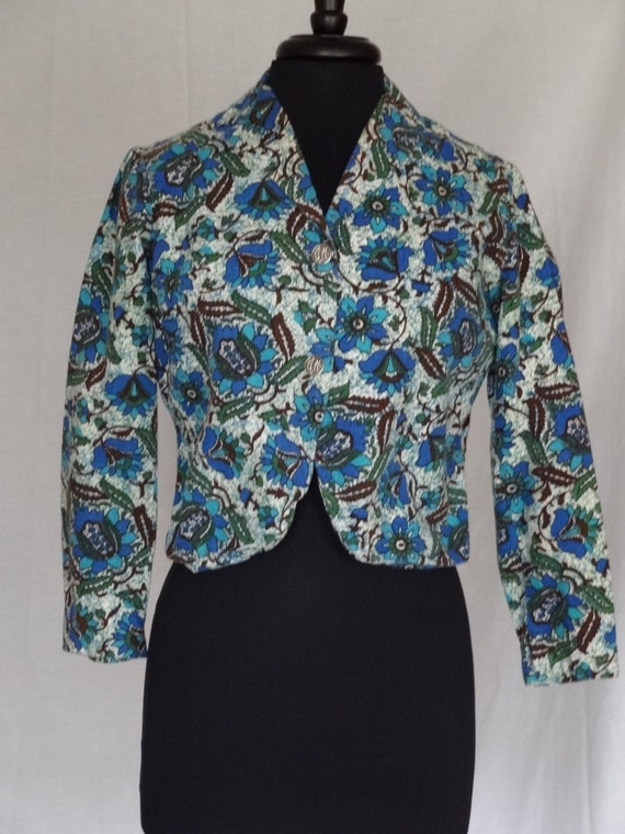 SALE!!! 1950s 60s Jacket / Blue & Brown Abstract F