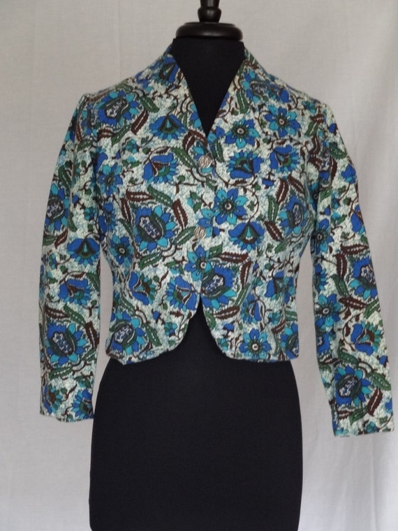 SALE!!! 1950s 60s Jacket / Blue & Brown Abstract … - image 1