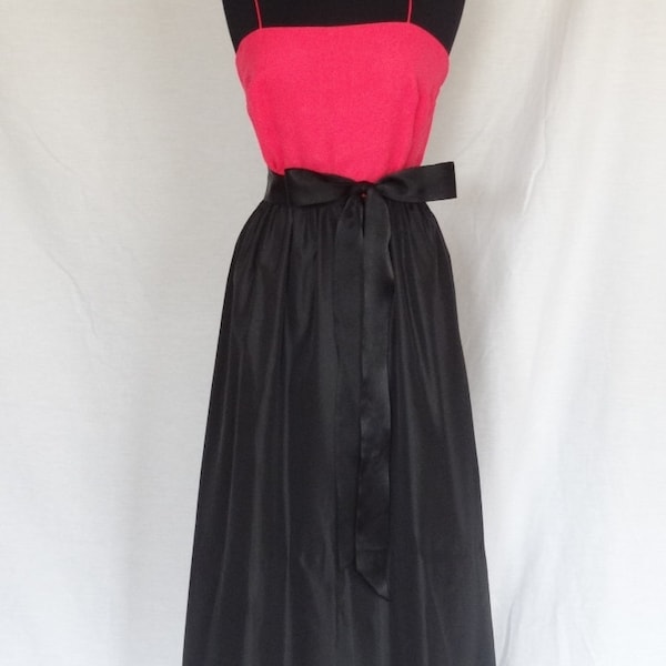 DRESS SALE!!! / 1960s 70s Dress / Hot Pink and Black Colorblock Party Coctail Prom Dress w Sash Belt / Miss Elliette