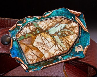 Big Copper & Turquoise Belt Buckle, Reclaimed Copper