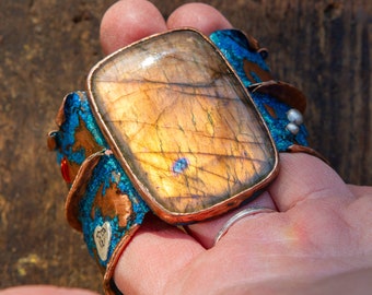 Orange & Blue Flashy Labradorite Big Copper Cuff, Reclaimed Metal