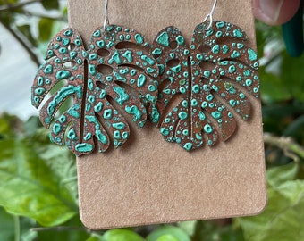 Copper Patina Monstera Leaf earrings