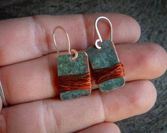 Little Rectangle Wrapped Repurposed  Copper Earring.